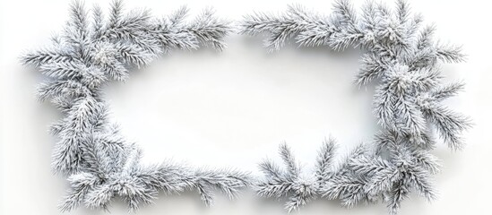 Obraz premium Festive fir branch frame with snow accents in silver tones centered on a white background, perfect for holiday greetings and promotions.