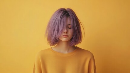 Young Woman with vibrant purple hair on yellow background. Epilepsy awareness, Purple Day concept