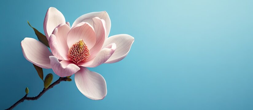 Elegant magnolia flower in soft pink positioned off-center against a serene blue background highlighting its delicate beauty and striking contrast.