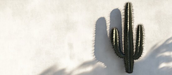Cactus shadow on a white wall highlighting intricate shapes with deep contrasts; the cactus positioned left-center casting long shadows right.