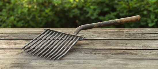 Fototapeta premium Compact metal rake on weathered wooden table with greenery background, emphasizing its sturdy prongs and ergonomic handle for gardening tasks.