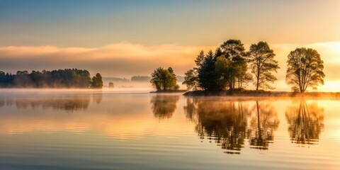 Obraz premium Soft morning light illuminates the bay's tranquil surface as a layer of mist rises from the water, revealing the silhouettes of trees along the shore , serene, mist