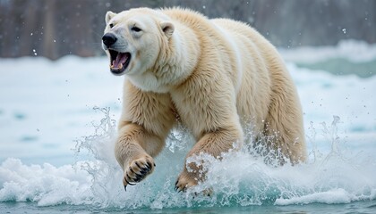 Polar bear running through icy water, splashing in its natural habitat
