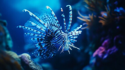 A vibrant lionfish with intricate patterns swims in a deep blue aquarium, surrounded by colorful coral.