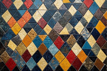 Colorful mosaic pattern featuring diverse geometric shapes in a vibrant design