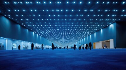 Large exhibition hall blue carpeted floor high ceiling Abstract blur people, Generative Ai