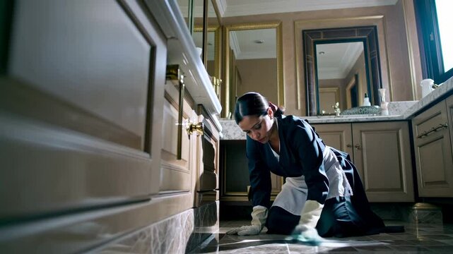A Latina immigrant woman is on her knees cleaning the floor of a bathroom in a luxurious house. Concept of cleanliness and order