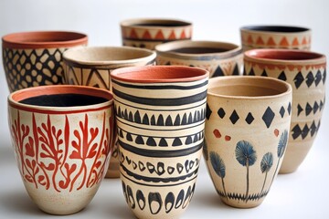Unique handmade pottery collection displayed in a minimalist studio setting during daylight