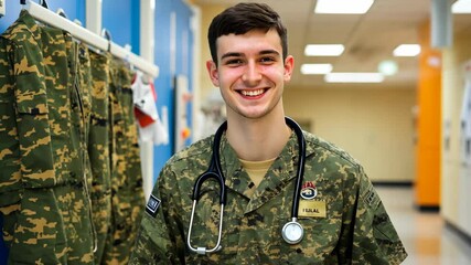 Young military medic smiles while wearing uniform and stethoscope in a medical facility hallway