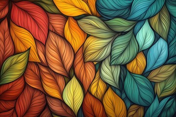 Colorful autumn leaves rendered with stylized line art textures