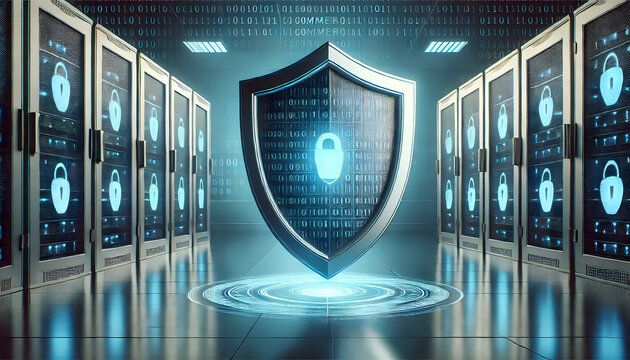 Digital Shield with Binary Code in Futuristic Data Center &ndash; Cybersecurity Concept