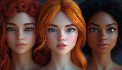 Naklejka premium Stylized Mannequins with Vibrant Hair in Red Orange and Dark Curls