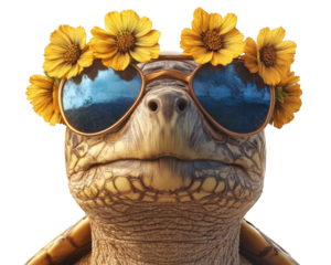 turtle wearing sunglasses and flower crown, exuding relaxed vibe. This whimsical creature embodies carefree spirit, perfect for summer themes