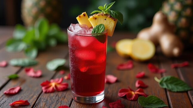 Refreshing glass of sobolo hibiscus tea served over ice in Ghana