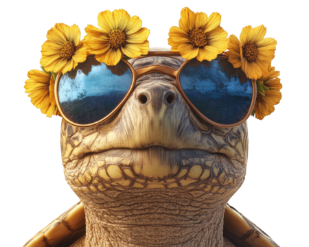 turtle wearing sunglasses and flower crown, exuding relaxed vibe. This whimsical creature embodies carefree spirit, perfect for summer themes