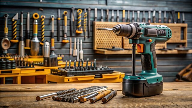 A cordless drill with multiple drill bits and batteries on a workbench , electric drills, workshop