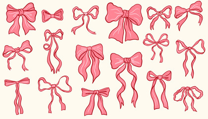 Hand drawn coquette ribbon and bow. Vintage coquette bows.  Minimalist bowknot for wedding, birthday, christmas cards, poster, tattoo, gift, frames. Doodle Sketch vector elements.