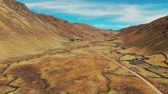 Dry wilderness in Lares Trek, Peru. Aerial dolly in view
