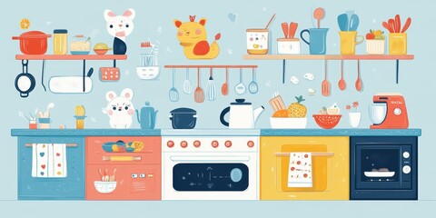 Cartoon kitchen scene with animal characters and various utensils