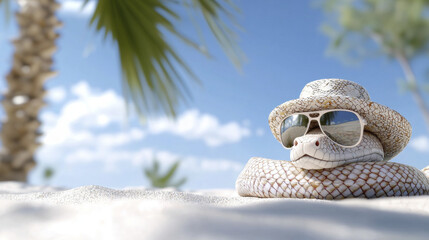 cartoon snake wearing sunglasses and hat relaxing on sandy beach