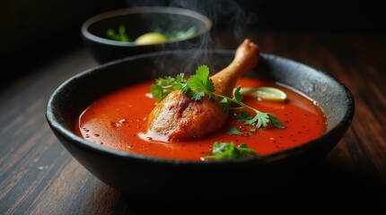 Dramatic presentation of traditional kakik turkey soup in a vibrant bowl