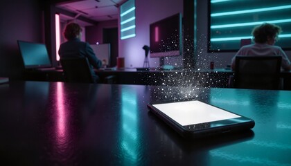 Futuristic smartphone displays holographic data in high-tech workspace, innovation