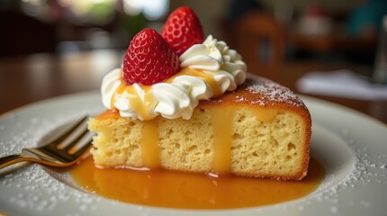 Delightful slice of tres leches cake with strawberries and cream