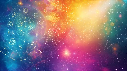 Zodiac constellations and astrological chart in a vibrant space background