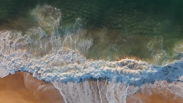 Top down aerial static of dynamic waves crashing along Merewether Beach, vibrant coastal textures with deep golden sand and green water