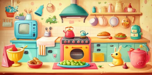 Cartoon kitchen scene with appliances food and various decorations
