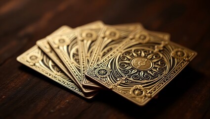 Fototapeta premium Elegant poker deck with gold-plated edges and intricate filigree designs, set on a dark background.