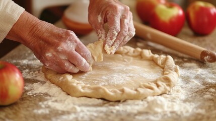Fototapeta premium Hands shaping pie dough on a flour-dusted surface, surrounded by fresh apples and a wooden rolling pin, evoking a cozy homemade baking atmosphere
