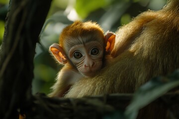 Fototapeta premium Adorable baby monkey clinging to its mother in lush greenery.