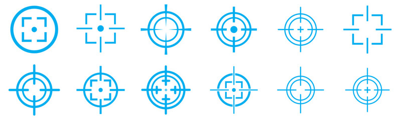 Collection aim target pointer point weapon gun. Target icon set, goal icon, Blue gun target icon vector illustration. Target and aim icon. Aim gun. Shooting of firearms. Drawing aim. Precisely
