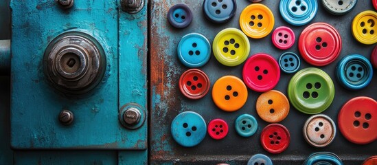 Fototapeta premium Colorful assortment of buttons in various sizes displayed on a vintage metal press with teal and rust accents showcasing creativity and vibrancy