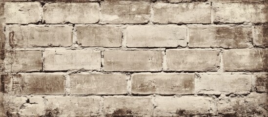 Fototapeta premium Vintage monochrome brick wall texture featuring a weathered appearance with neutral tones and ample empty space for overlay designs or text.