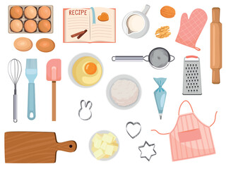 set of baking ingredients. Products and kitchen tools for cooking baking recipes. Cartoon vector illustration