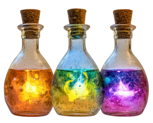 Magical potion bottles with glowing liquids in vibrant colors, showcasing enchanting effects. Perfect for fantasy themes and mystical settings