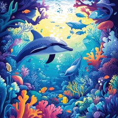 Obraz premium Vibrant illustration shows dolphins swimming in a colorful coral reef
