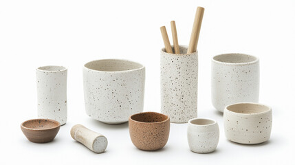 Naklejka premium Minimalist ceramic kitchenware set featuring various shapes and sizes. Perfect for modern home decor and functional use