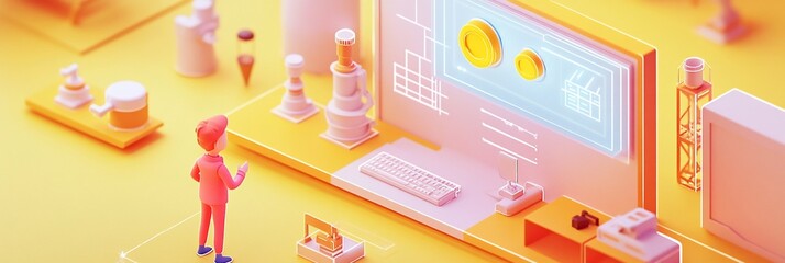 Fototapeta premium Isometric illustration of a person looking at a computer screen showing data and laboratory equipment.