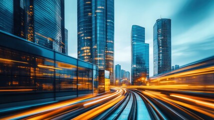 Fototapeta premium Vibrant cityscape with train motion near skyscrapers at dusk