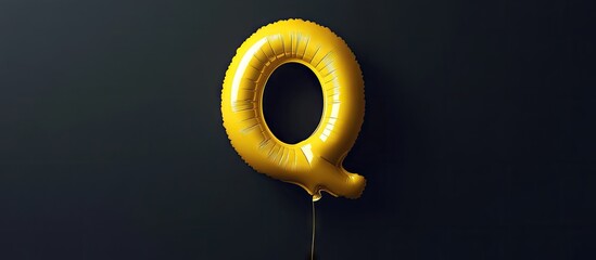 Bright yellow helium-filled balloon shaped like the letter Q secured to a long black string against a dark background.