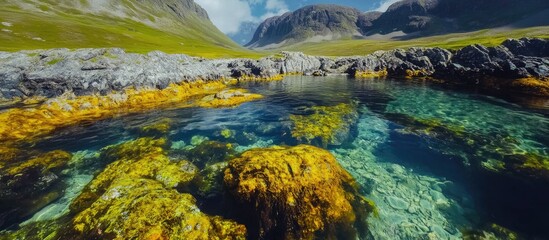 Vibrant underwater scene featuring multi-colored fish swimming around textured rocky formations and clear turquoise waters under a bright blue sky.