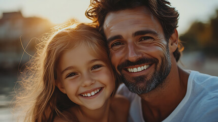 A family laughing together in a sunny park, photorealistic, with a focus on joy and togetherness, golden hour lighting, soft shadows 