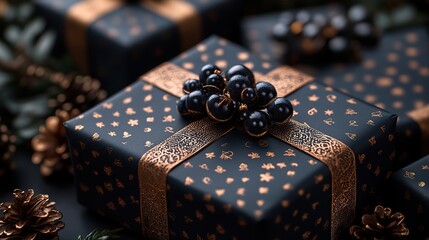 christmas gift boxes on black background copy space new year concept