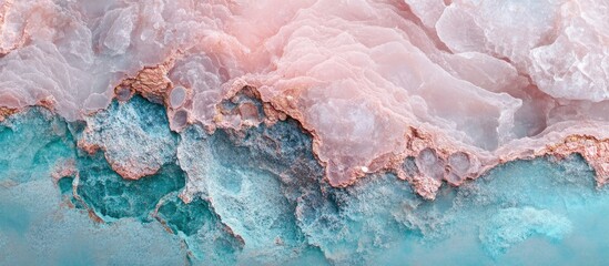 Naklejka premium Aerial view of abstract pink and turquoise marble texture with golden accents creating a serene and sophisticated design, perfect for modern decor.