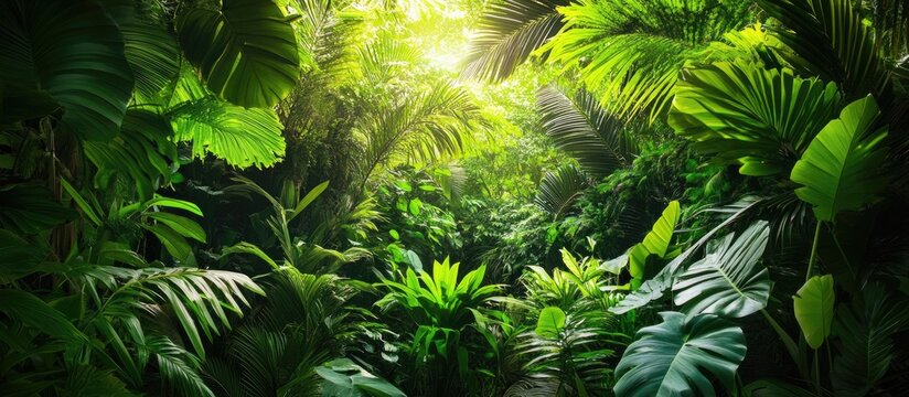Lush green tropical jungle with vibrant foliage and sunlight filtering through dense leaves creating a serene natural atmosphere