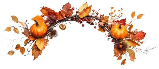 Wreath of autumn leaves in orange and brown with pumpkins and red berries curved on a white background for harvest and Halloween themes