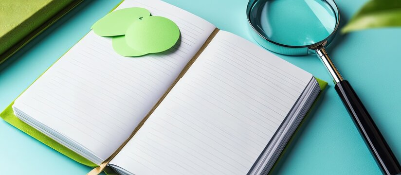 Notepad on teal background with two green leaf-shaped bookmarks, magnifying glass on right, and a subtle green notebook in upper left corner.